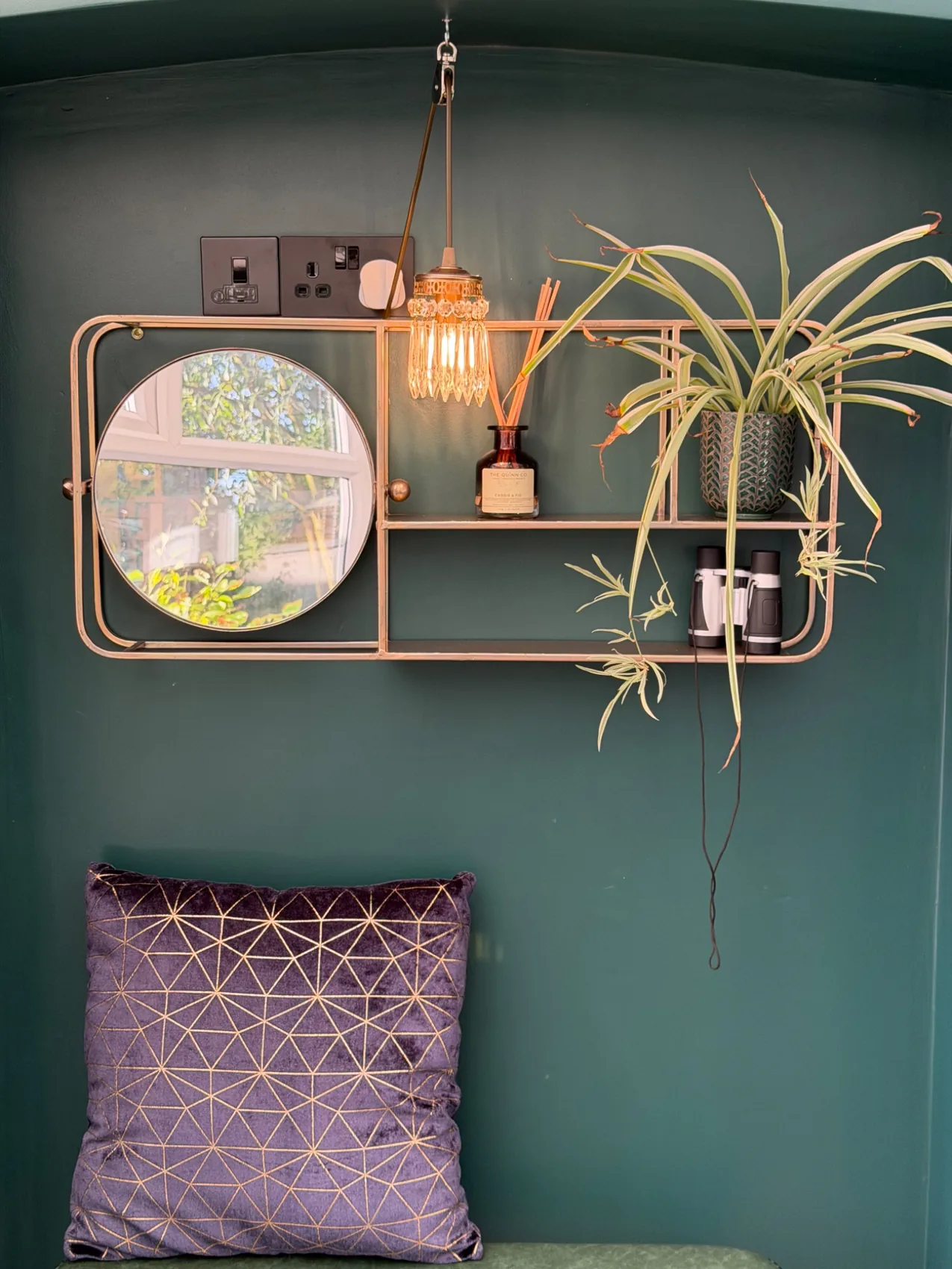 Boutique green wall with circular mirror, plant and pendant light